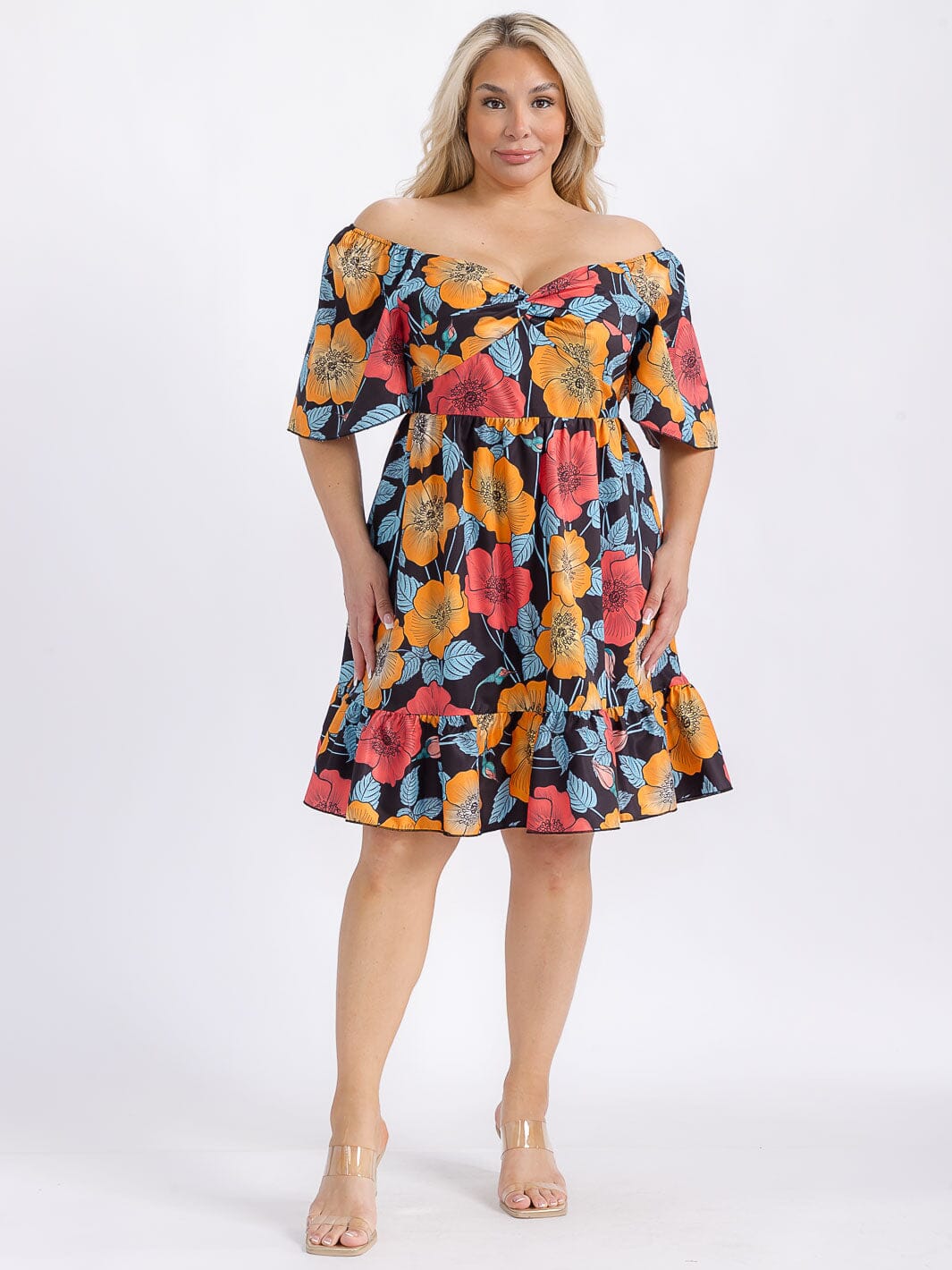PLUS SIZE SHORT PUFF SLEEVE ELASTIC WAIST FIT & FLARE FLORAL MIDI DRESS