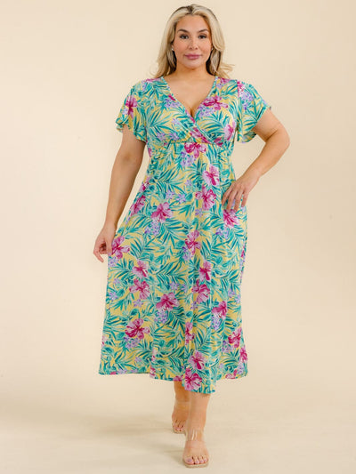 PLUS SIZE SHORT SLEEVE SURPLICE FLORAL MAXI DRESS