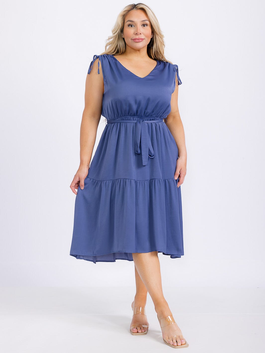PLUS SIZE SLEEVELESS V-NECK SELF TIE TIERED HIGH-LOW MIDI DRESS