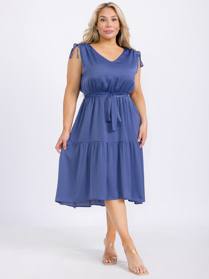 PLUS SIZE SLEEVELESS V-NECK SELF TIE TIERED HIGH-LOW MIDI DRESS