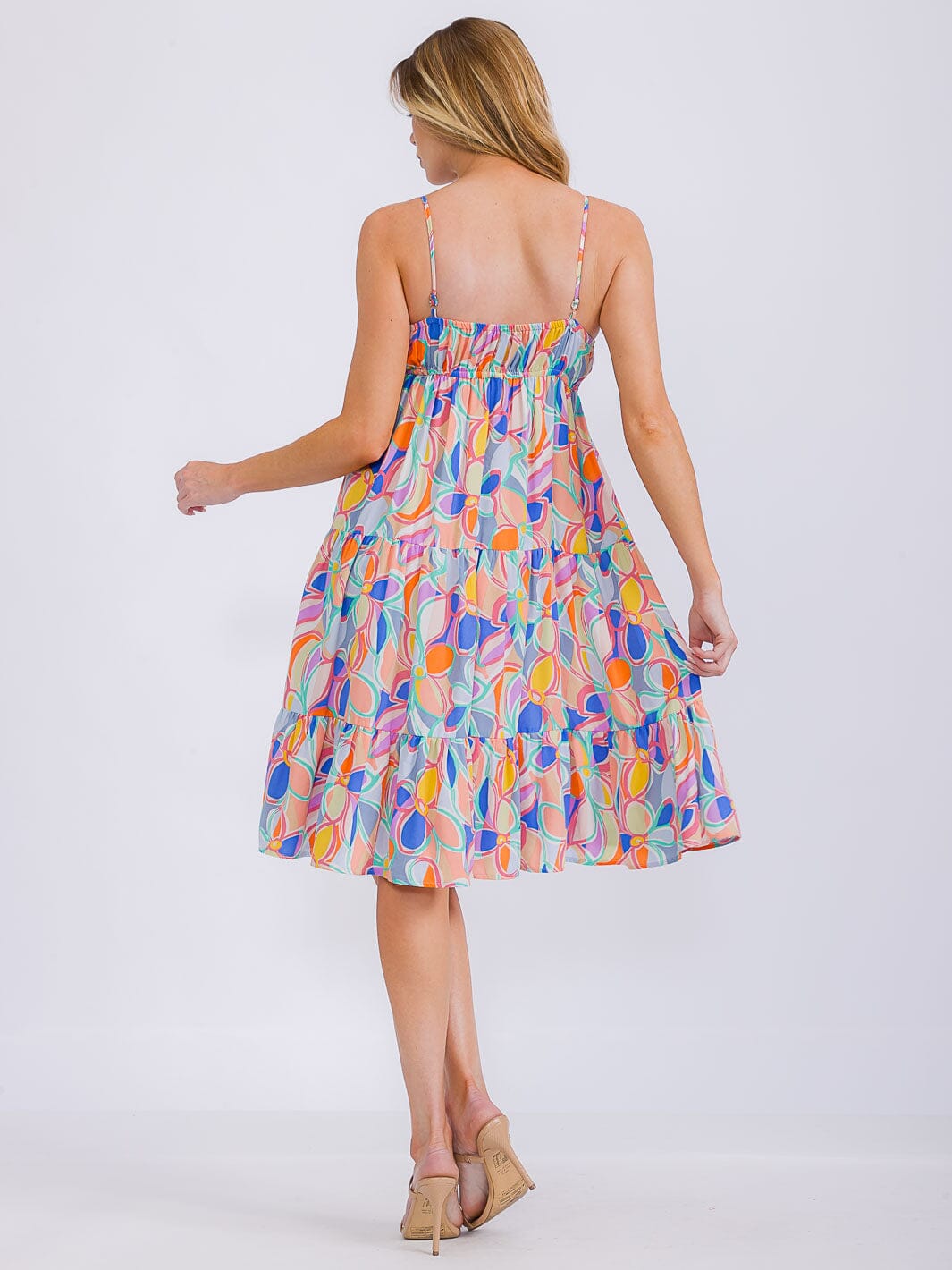 WOMEN'S SLEEVELESS MULTI PRINT TIERED MIDI DRESS