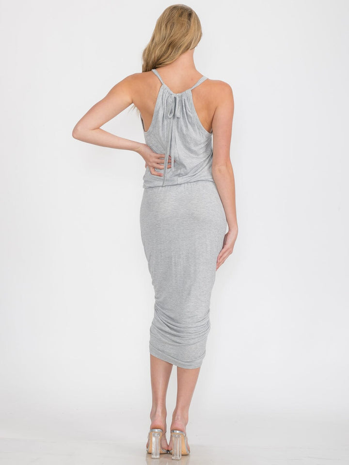 WOMEN'S SLEEVELESS V-NECK FRONT RUCHED BODYCON MIDI DRESS