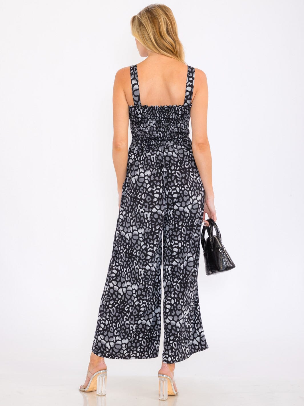 WOMEN'S SLEEVELESS SMOCK POCKETS ANIMAL PRINT WIDE LEG JUMPSUIT