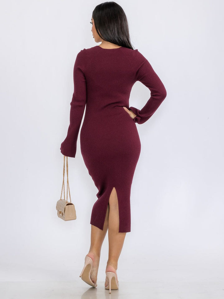 WOMEN'S LONG SLEEVE BODYCON RIBBED MIDI DRESS