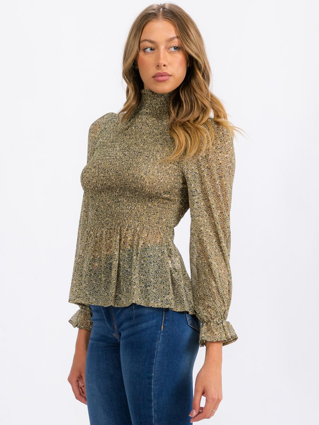 WOMEN'S 3/4 SLEEVE MOCK NECK SMOCK FLORAL PEPLUM BLOUSE TOP