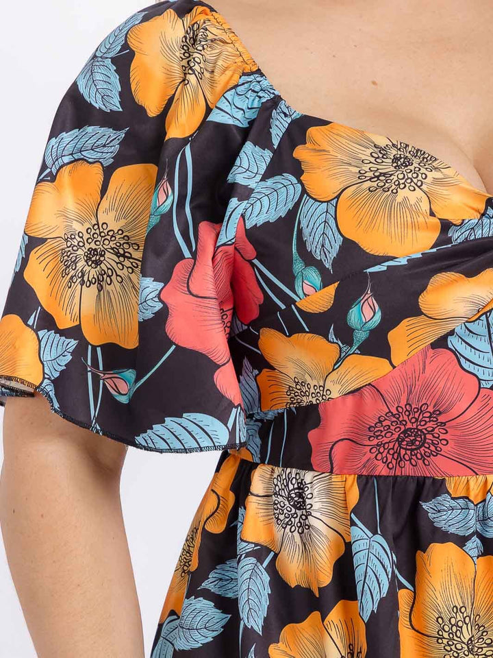 PLUS SIZE SHORT PUFF SLEEVE ELASTIC WAIST FIT & FLARE FLORAL MIDI DRESS