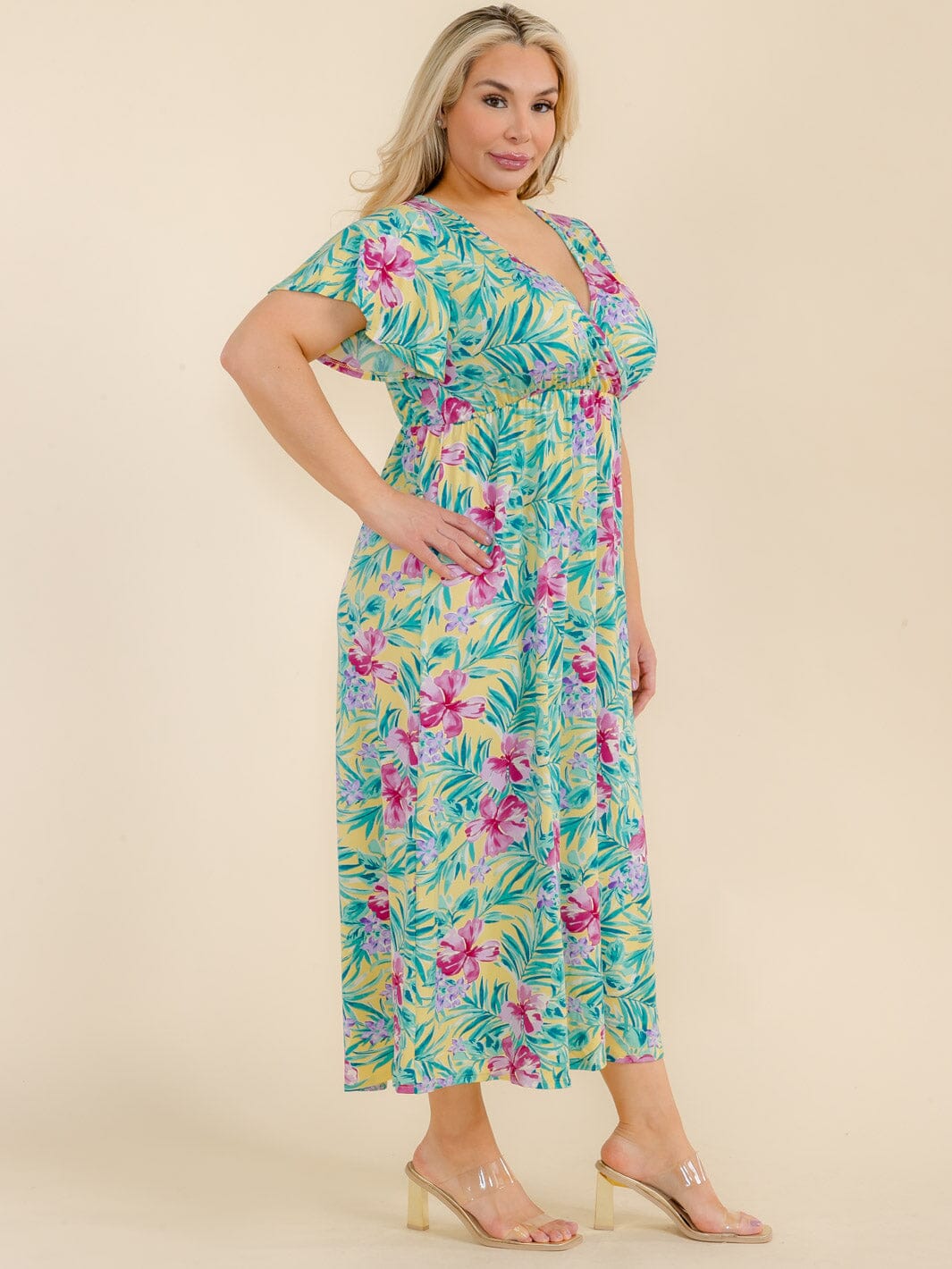 PLUS SIZE SHORT SLEEVE SURPLICE FLORAL MAXI DRESS