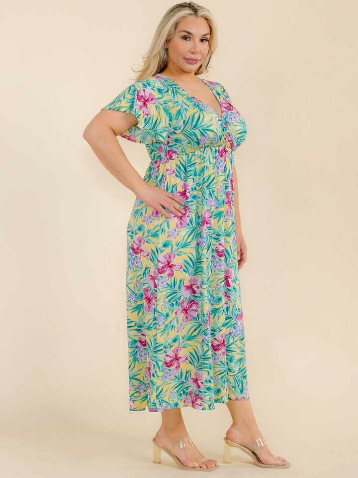 PLUS SIZE SHORT SLEEVE SURPLICE FLORAL MAXI DRESS