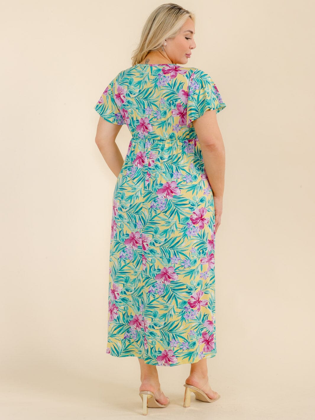 PLUS SIZE SHORT SLEEVE SURPLICE FLORAL MAXI DRESS