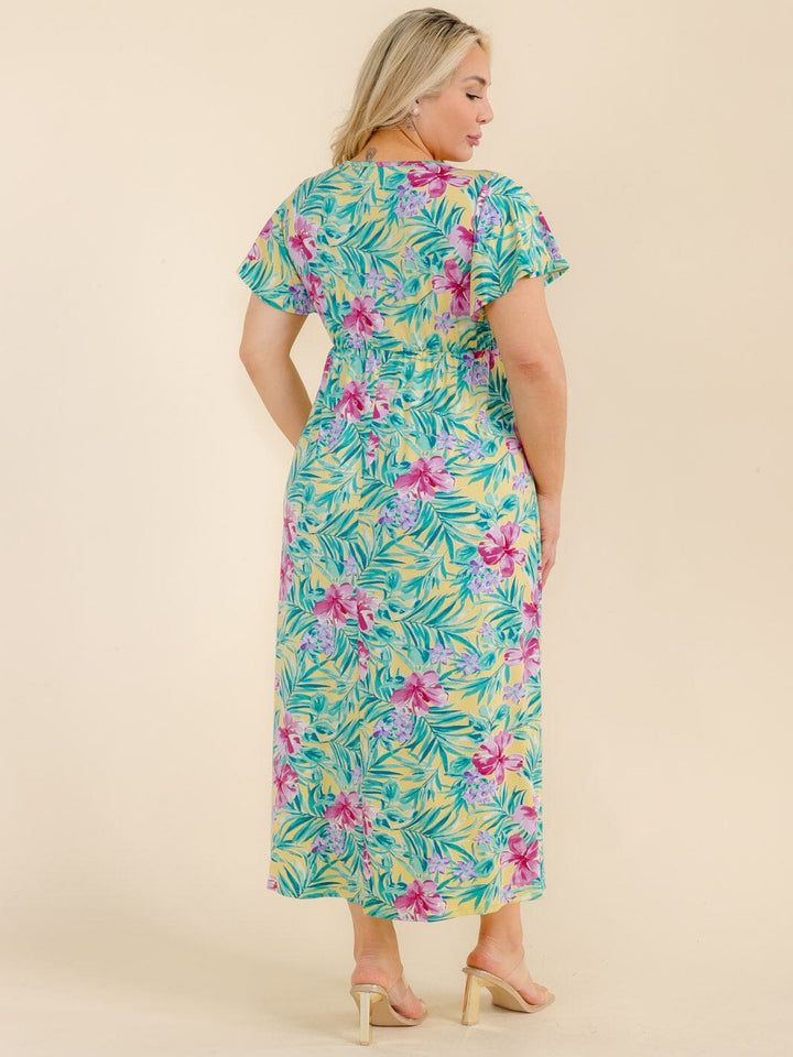 PLUS SIZE SHORT SLEEVE SURPLICE FLORAL MAXI DRESS