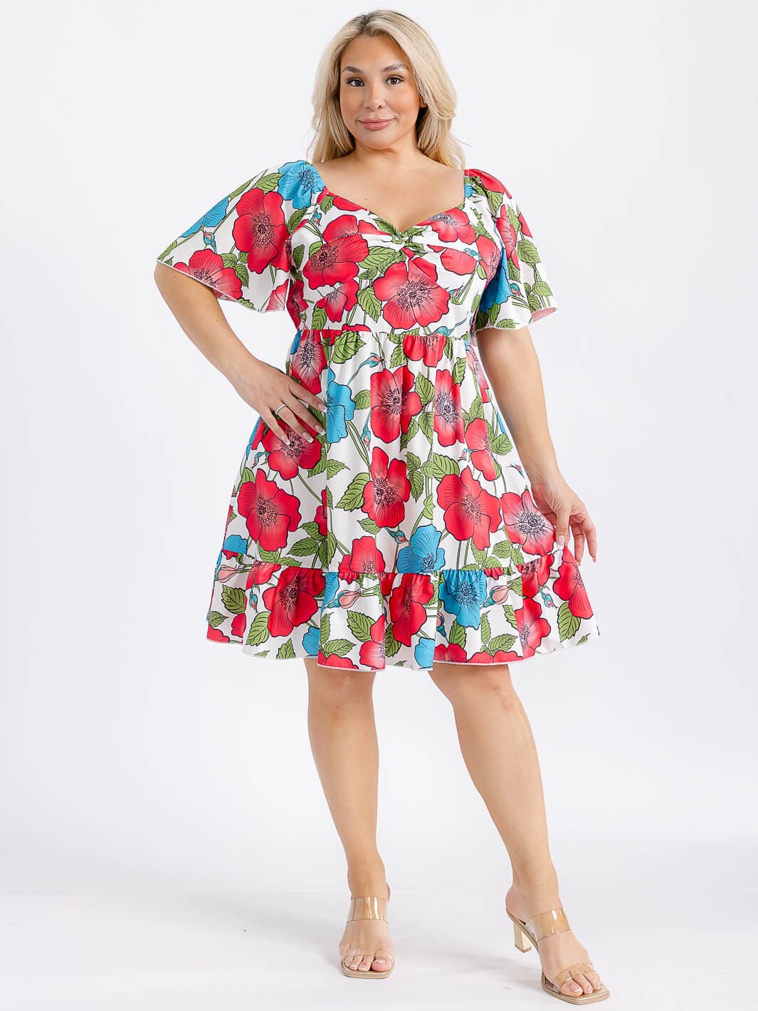 PLUS SIZE SHORT PUFF SLEEVE ELASTIC WAIST FIT & FLARE FLORAL MIDI DRESS