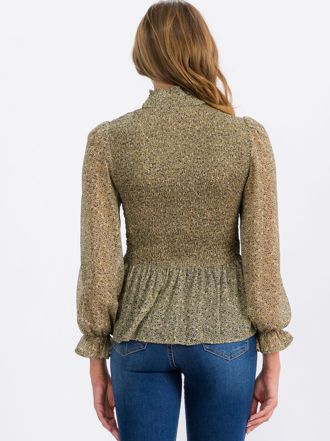 WOMEN'S 3/4 SLEEVE MOCK NECK SMOCK FLORAL PEPLUM BLOUSE TOP