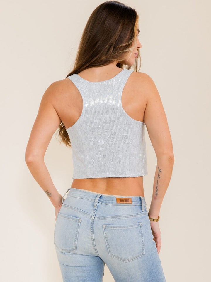 WOMEN'S SLEEVELESS V-NECK SEQUINS CROP TANK TOP