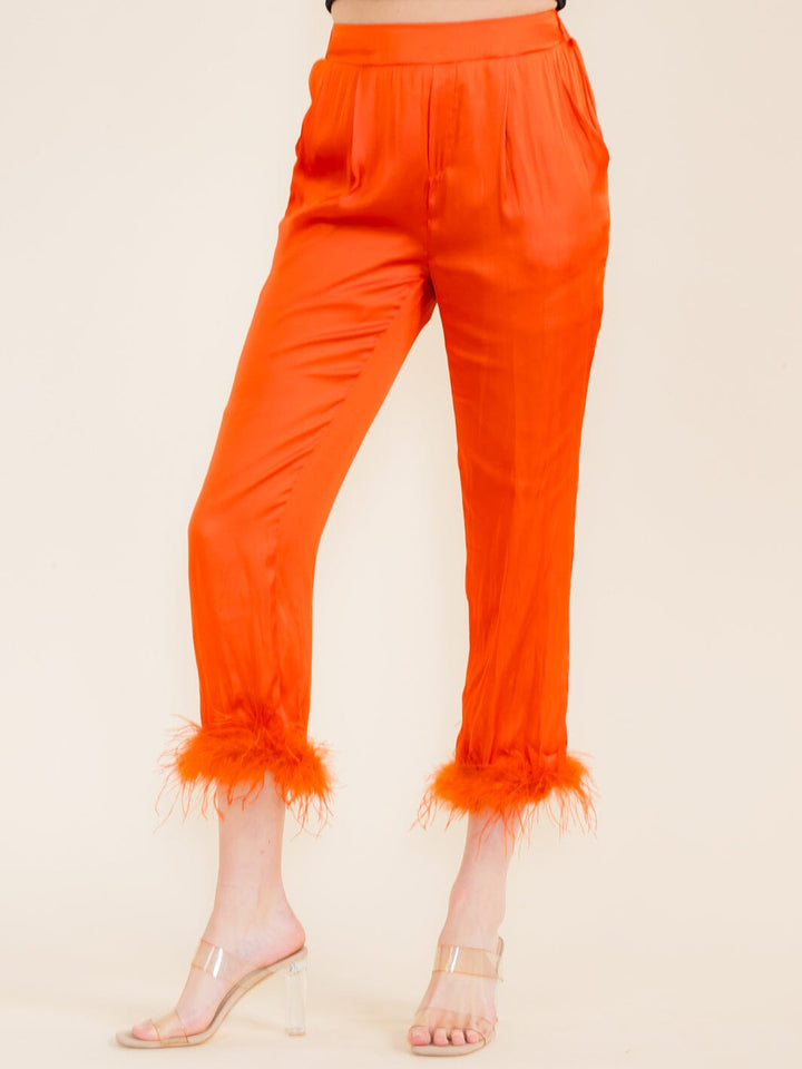 WOMEN'S ELASTIC WAIST FRONT POCKETS FEATHER LEG DETAILED PANTS