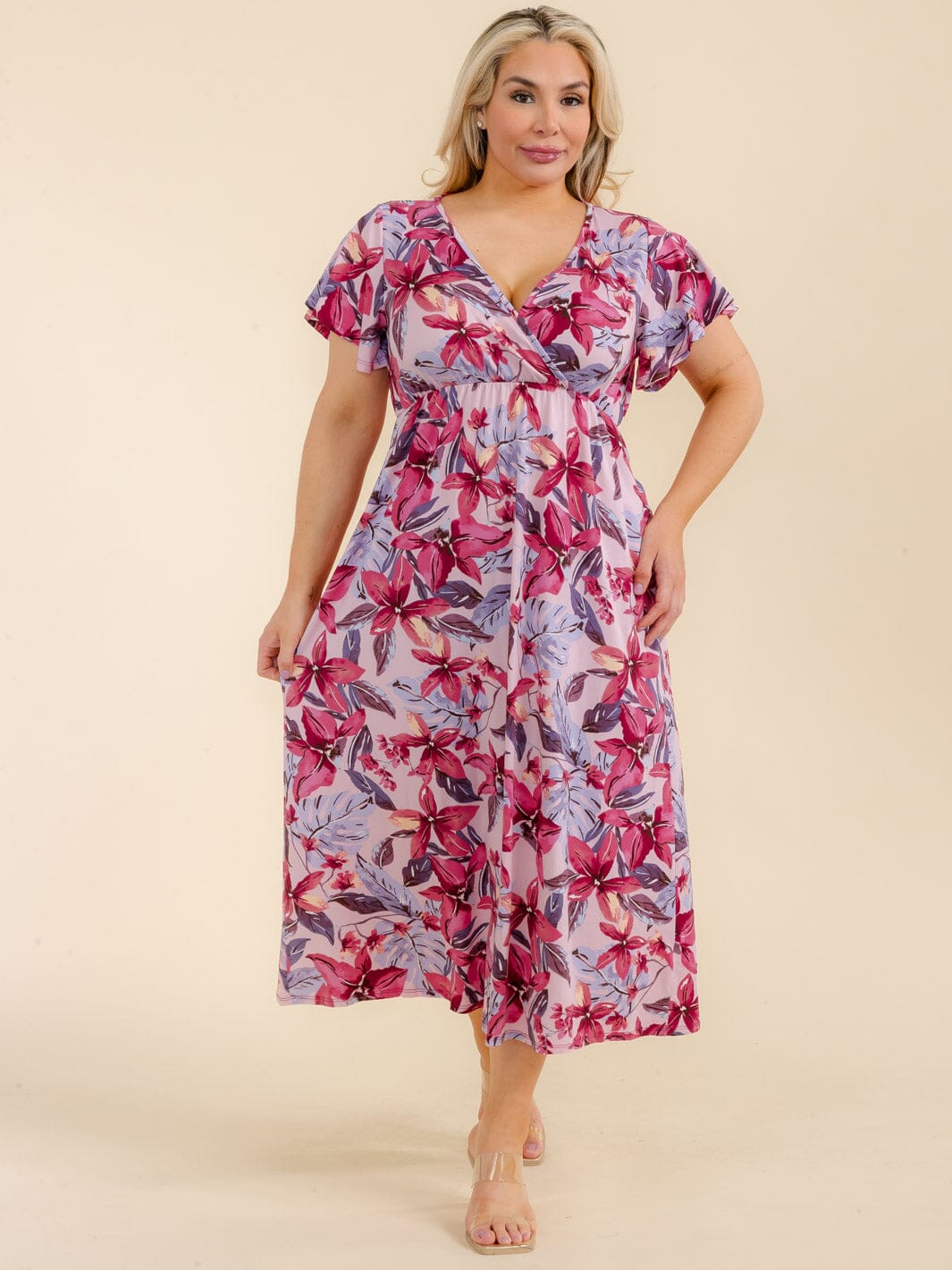PLUS SIZE SHORT SLEEVE SURPLICE FLORAL MAXI DRESS