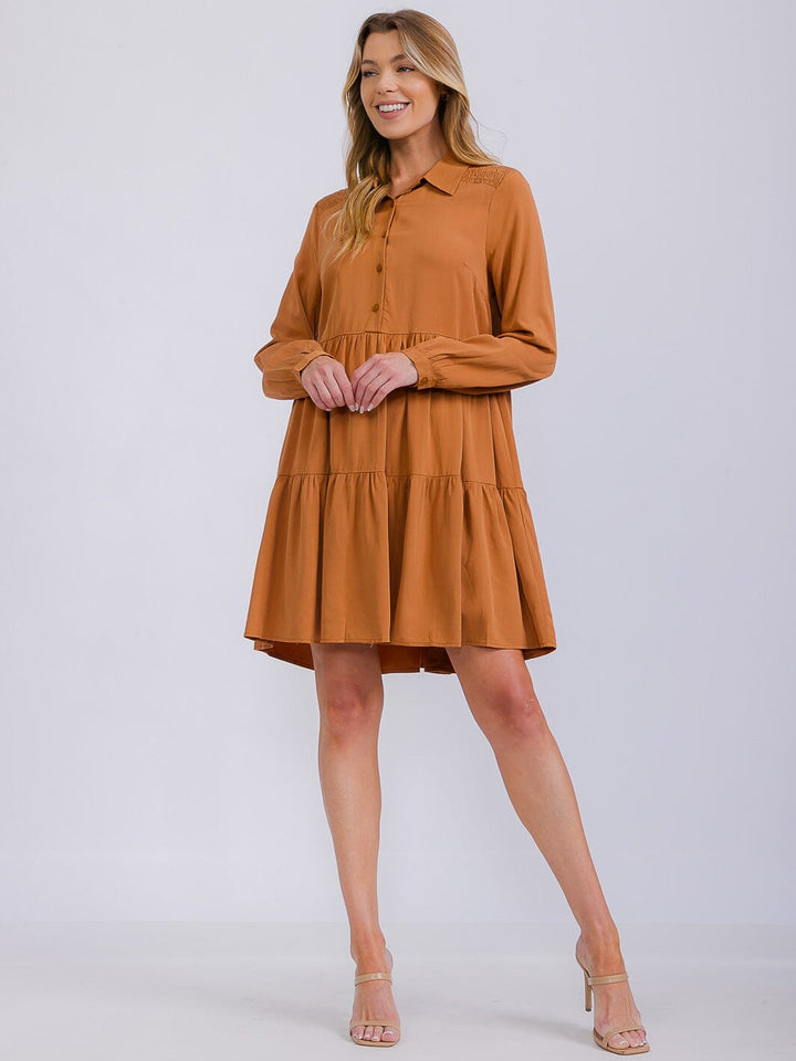 WOMEN'S LONG SLEEVE BUTTON UP TIERED TUNIC MINI DRESS