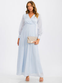 WOMEN'S LONG SLEEVE SURPLICE SELF TIE SHIMMER MAXI DRESS