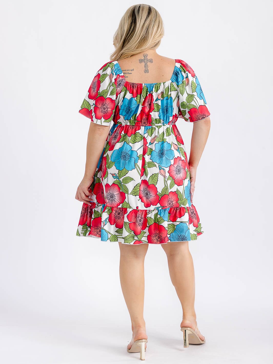 PLUS SIZE SHORT PUFF SLEEVE ELASTIC WAIST FIT & FLARE FLORAL MIDI DRESS