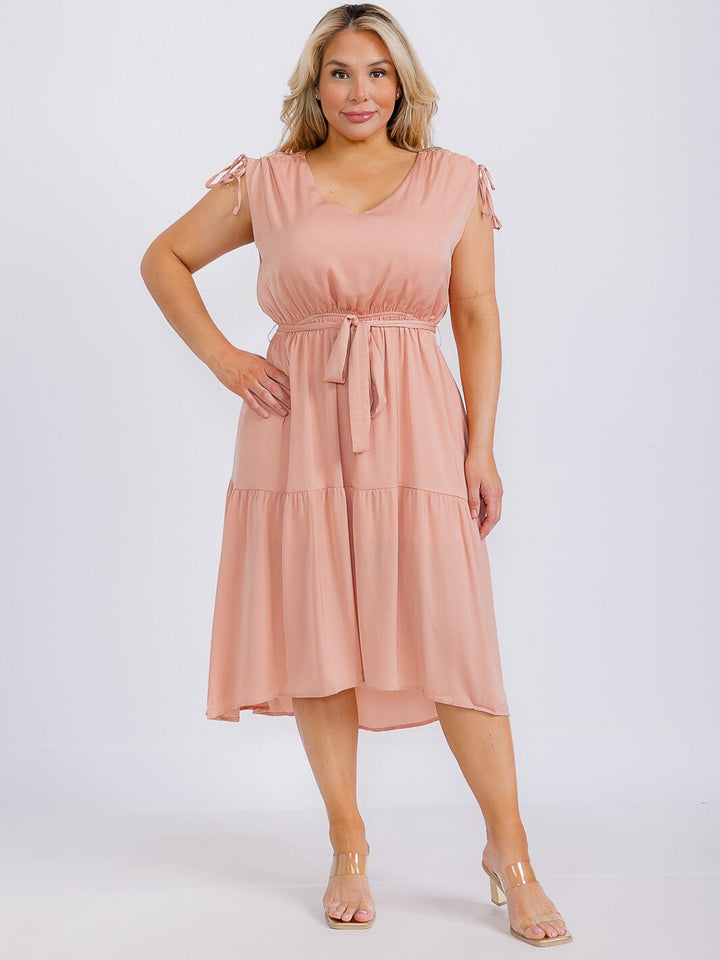 PLUS SIZE SLEEVELESS V-NECK SELF TIE TIERED HIGH-LOW MIDI DRESS
