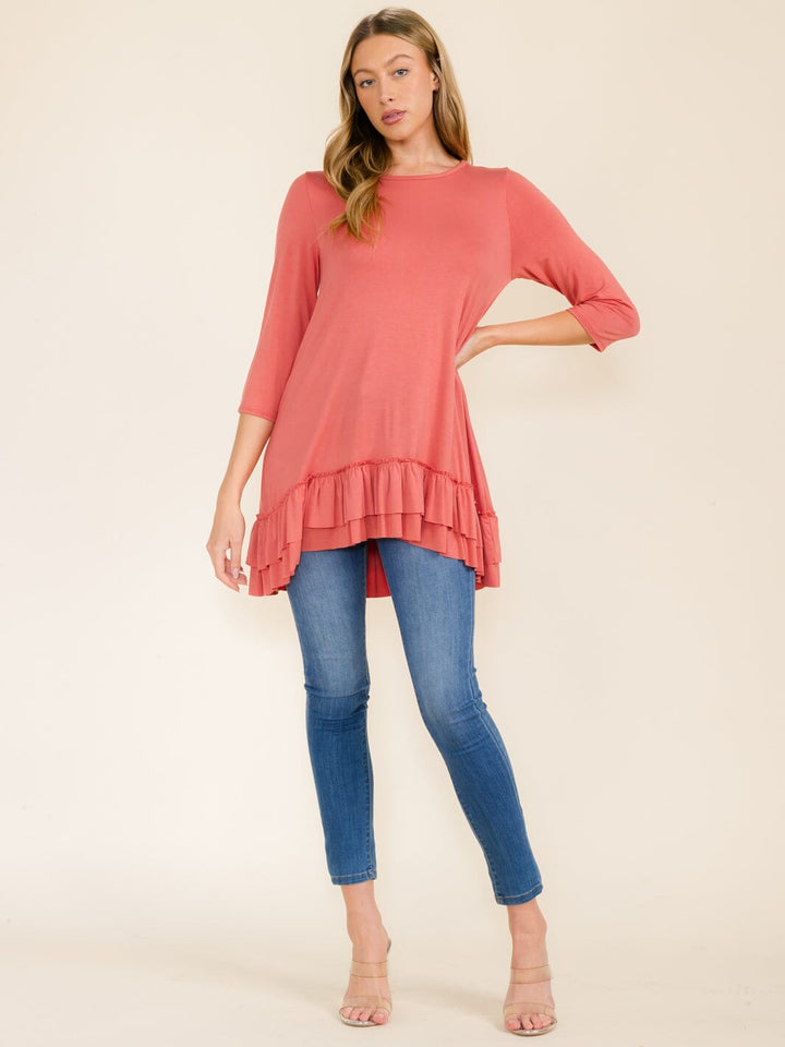 WOMEN'S 3/4 SLEEVES RUFFLE BOTTOM HEM TUNIC HIGH-LOW TOP