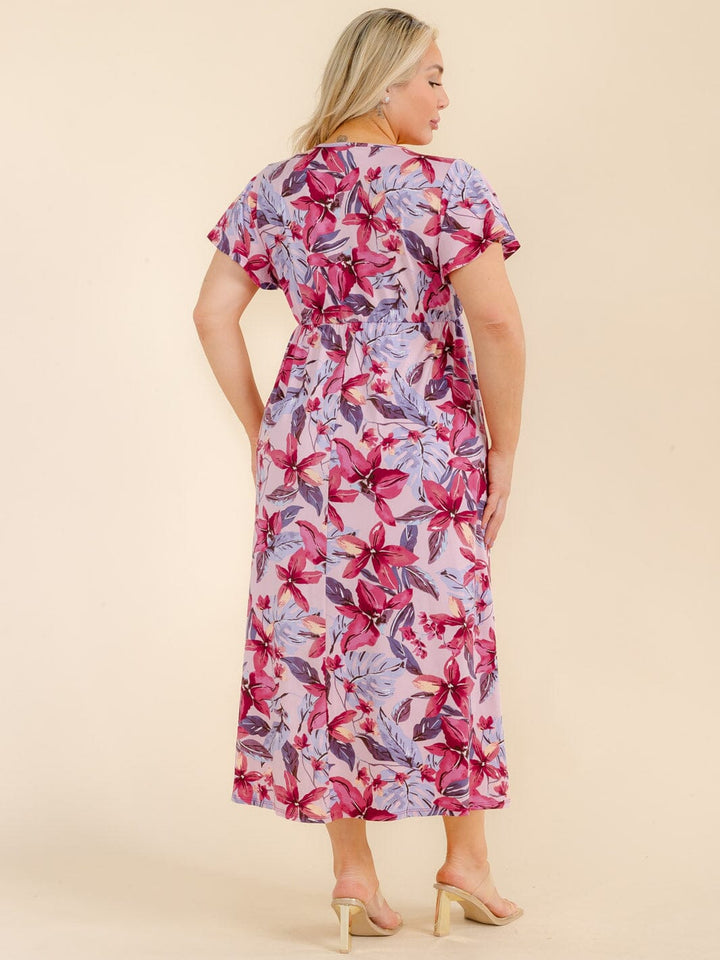 PLUS SIZE SHORT SLEEVE SURPLICE FLORAL MAXI DRESS