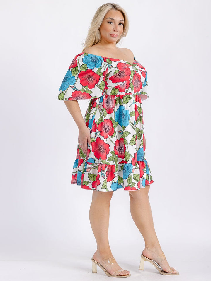 PLUS SIZE SHORT PUFF SLEEVE ELASTIC WAIST FIT & FLARE FLORAL MIDI DRESS