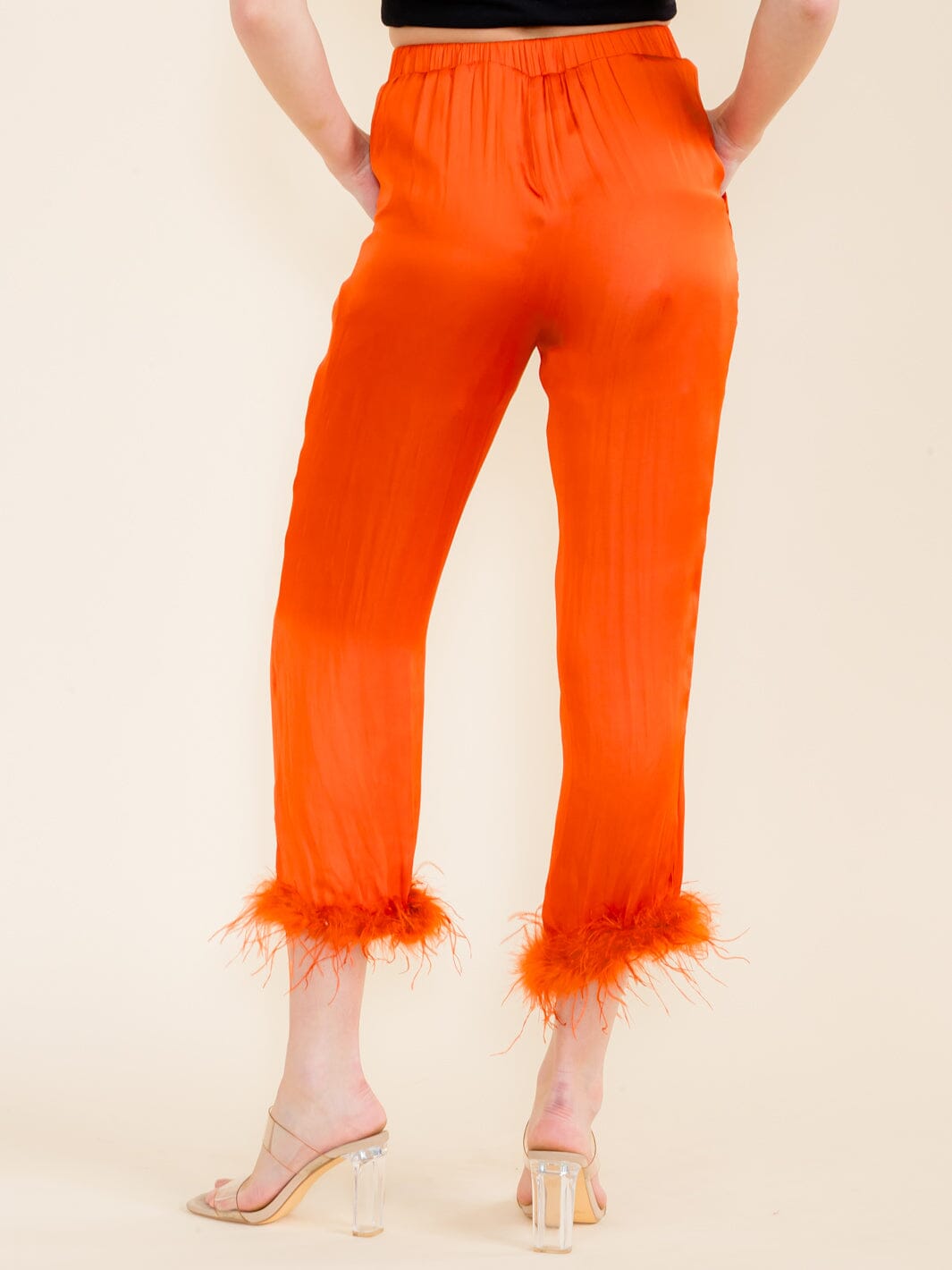 WOMEN'S ELASTIC WAIST FRONT POCKETS FEATHER LEG DETAILED PANTS