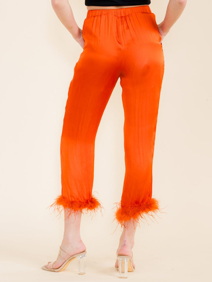 WOMEN'S ELASTIC WAIST FRONT POCKETS FEATHER LEG DETAILED PANTS
