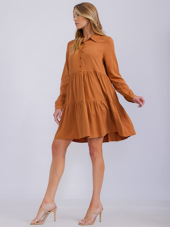 WOMEN'S LONG SLEEVE BUTTON UP TIERED TUNIC MINI DRESS