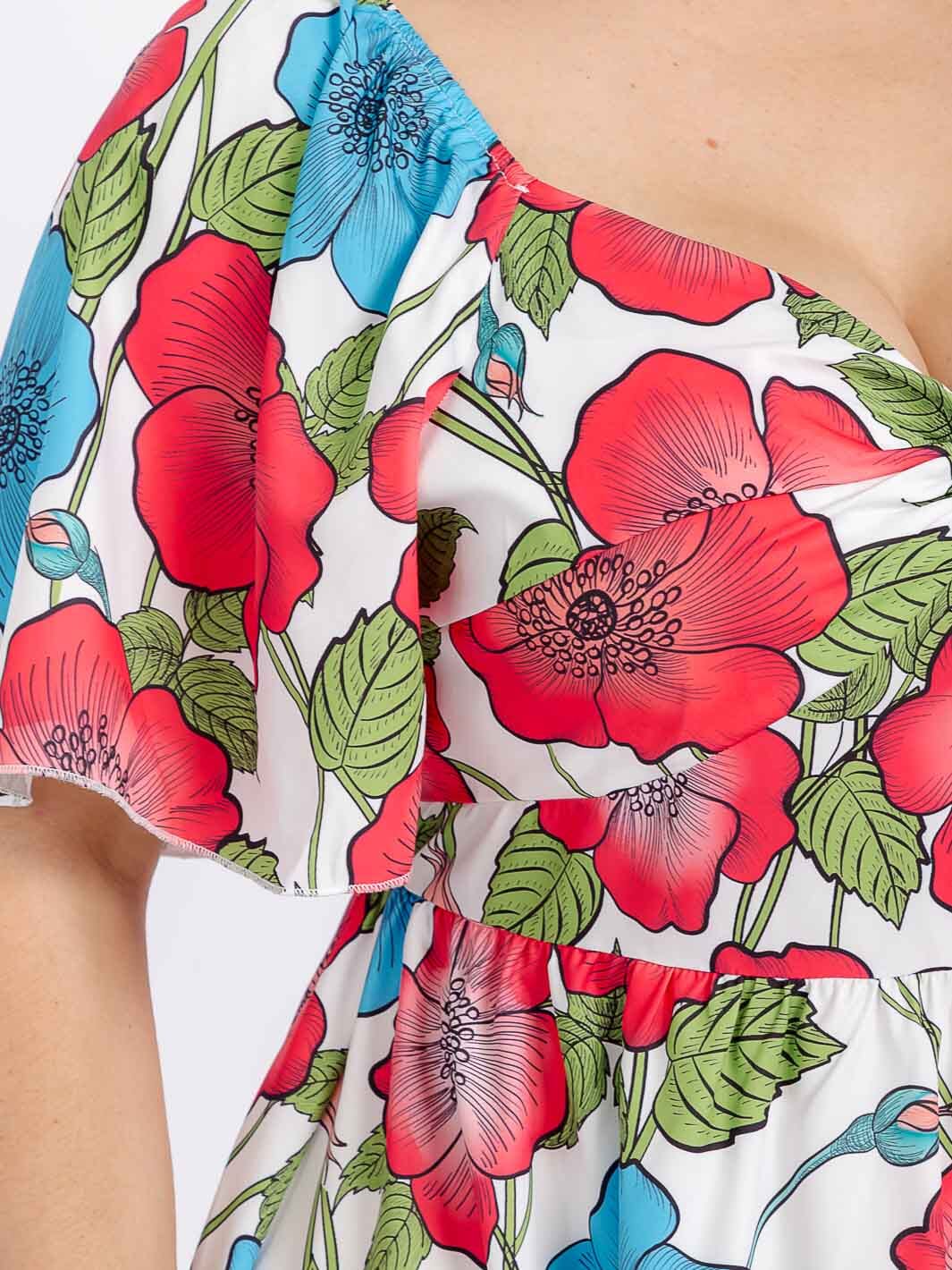 PLUS SIZE SHORT PUFF SLEEVE ELASTIC WAIST FIT & FLARE FLORAL MIDI DRESS