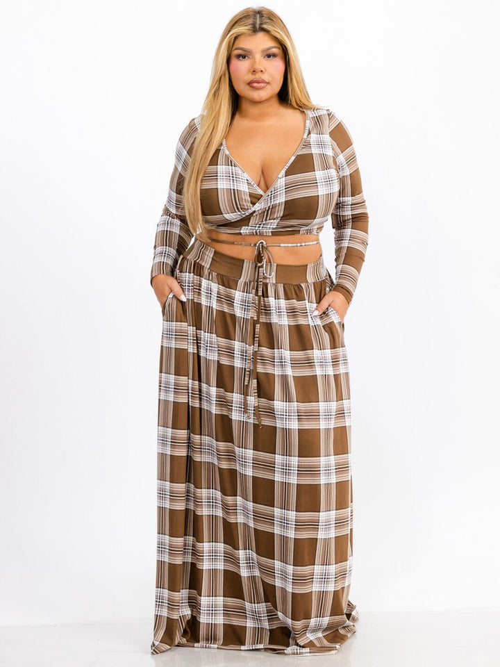 PLUS SIZE LONG SLEEVE WRAP TOP & MAXI SKIRT PLAID 2PC. SET