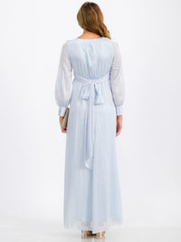 WOMEN'S LONG SLEEVE SURPLICE SELF TIE SHIMMER MAXI DRESS