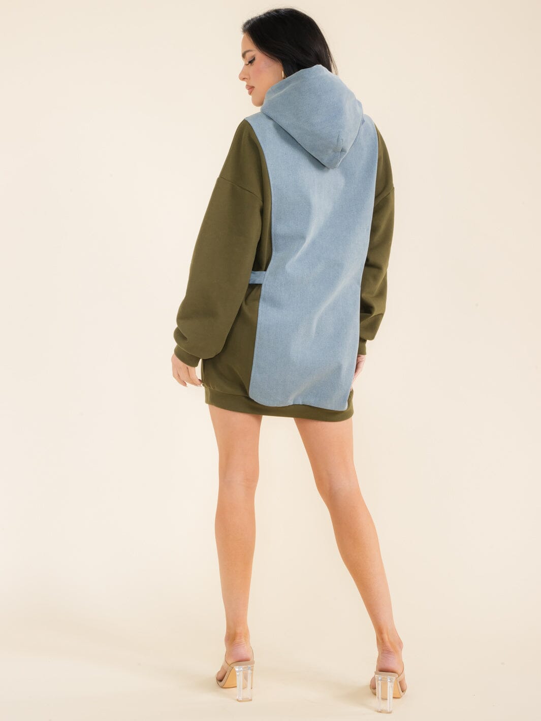 WOMEN'S LONG SLEEVES HOODED DENIM CONTRAST MINI DRESS