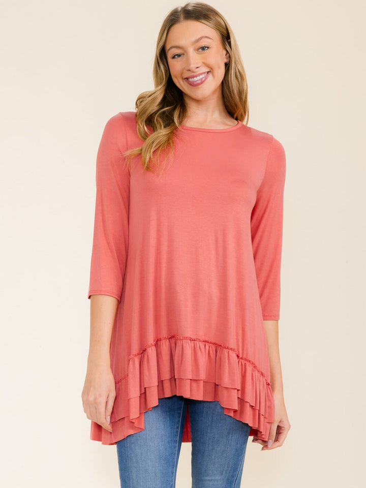 WOMEN'S 3/4 SLEEVES RUFFLE BOTTOM HEM TUNIC HIGH-LOW TOP
