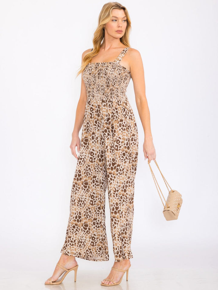 WOMEN'S SLEEVELESS SMOCK POCKETS ANIMAL PRINT WIDE LEG JUMPSUIT