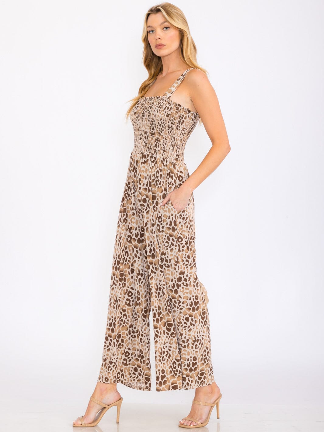 WOMEN'S SLEEVELESS SMOCK POCKETS ANIMAL PRINT WIDE LEG JUMPSUIT