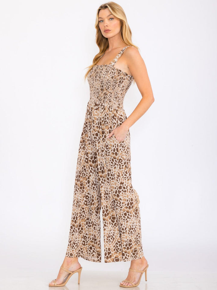 WOMEN'S SLEEVELESS SMOCK POCKETS ANIMAL PRINT WIDE LEG JUMPSUIT