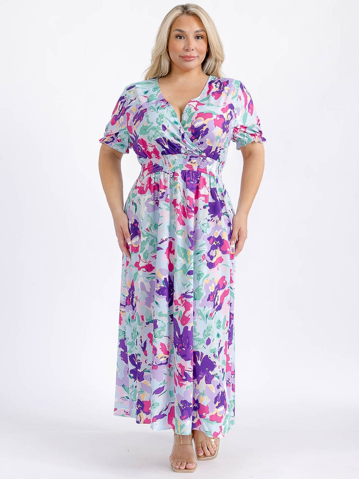 PLUS SIZE SHORT SLEEVE SURPLICE SMOCK WAIST FLORAL MAXI DRESS