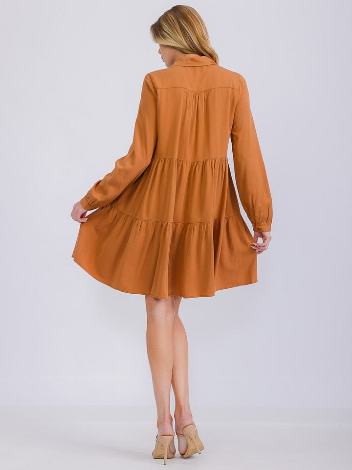 WOMEN'S LONG SLEEVE BUTTON UP TIERED TUNIC MINI DRESS