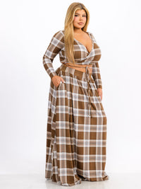 PLUS SIZE LONG SLEEVE WRAP TOP & MAXI SKIRT PLAID 2PC. SET