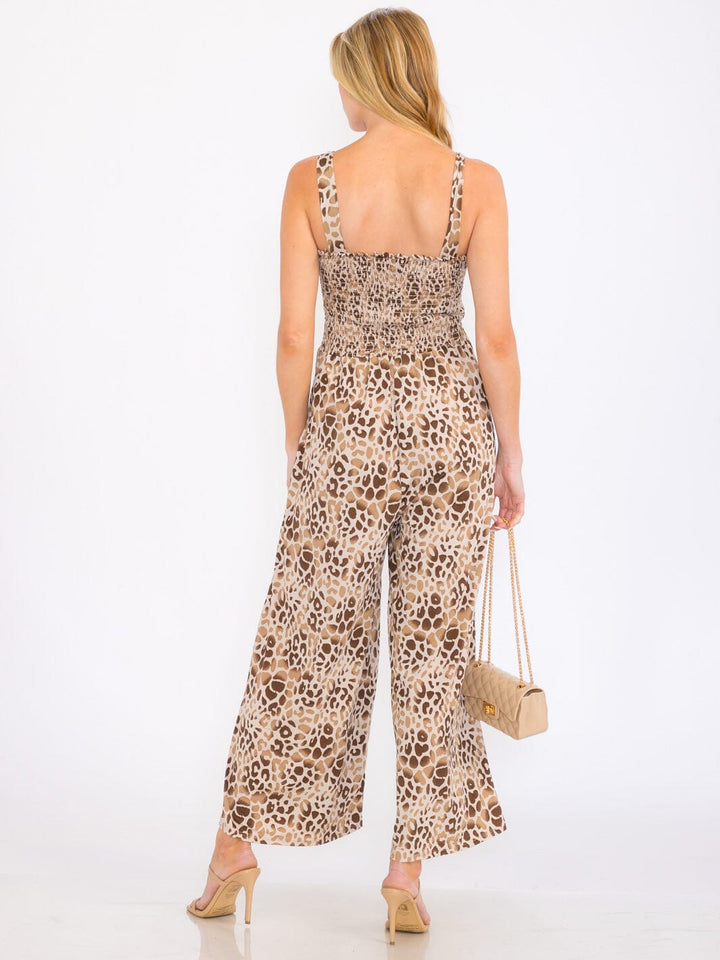 WOMEN'S SLEEVELESS SMOCK POCKETS ANIMAL PRINT WIDE LEG JUMPSUIT