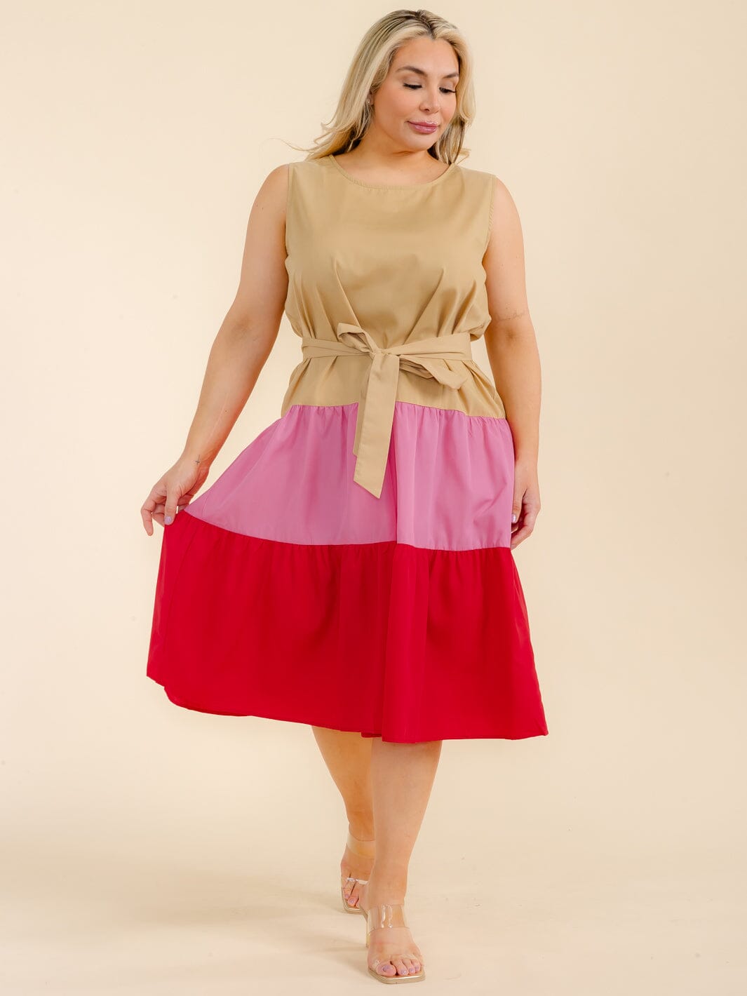 PLUS SIZE SLEEVELESS TIERED COLORBLOCK SELF TIE MIDI DRESS