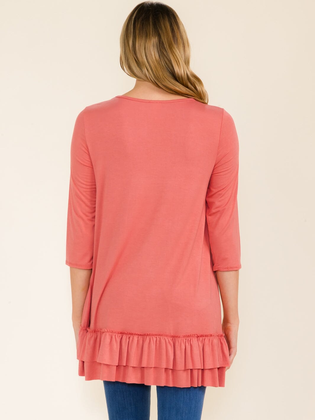 WOMEN'S 3/4 SLEEVES RUFFLE BOTTOM HEM TUNIC HIGH-LOW TOP