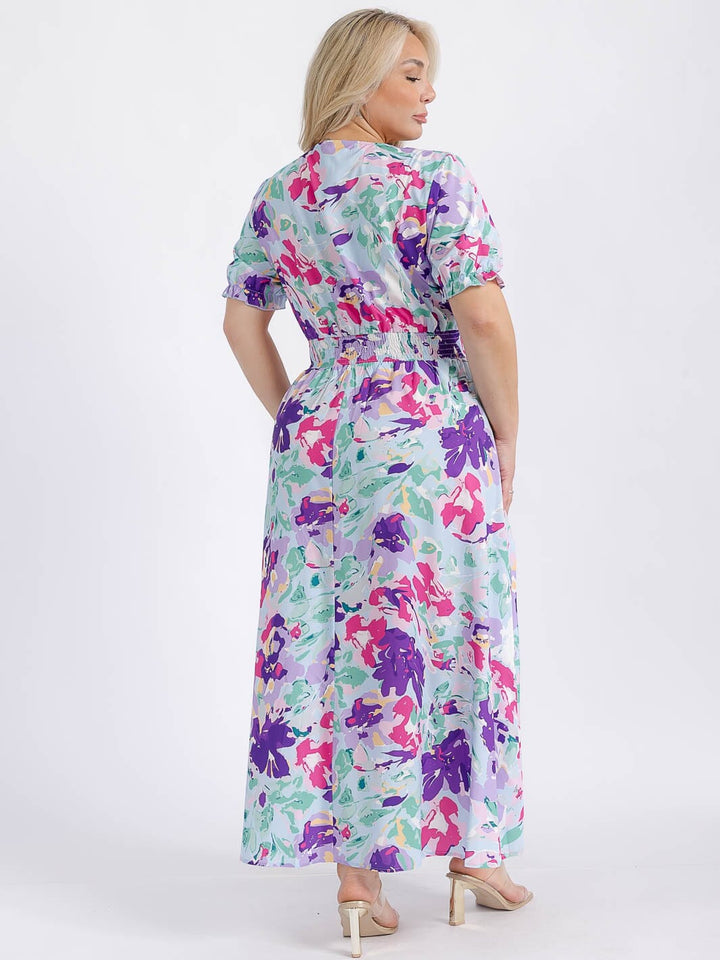 PLUS SIZE SHORT SLEEVE SURPLICE SMOCK WAIST FLORAL MAXI DRESS