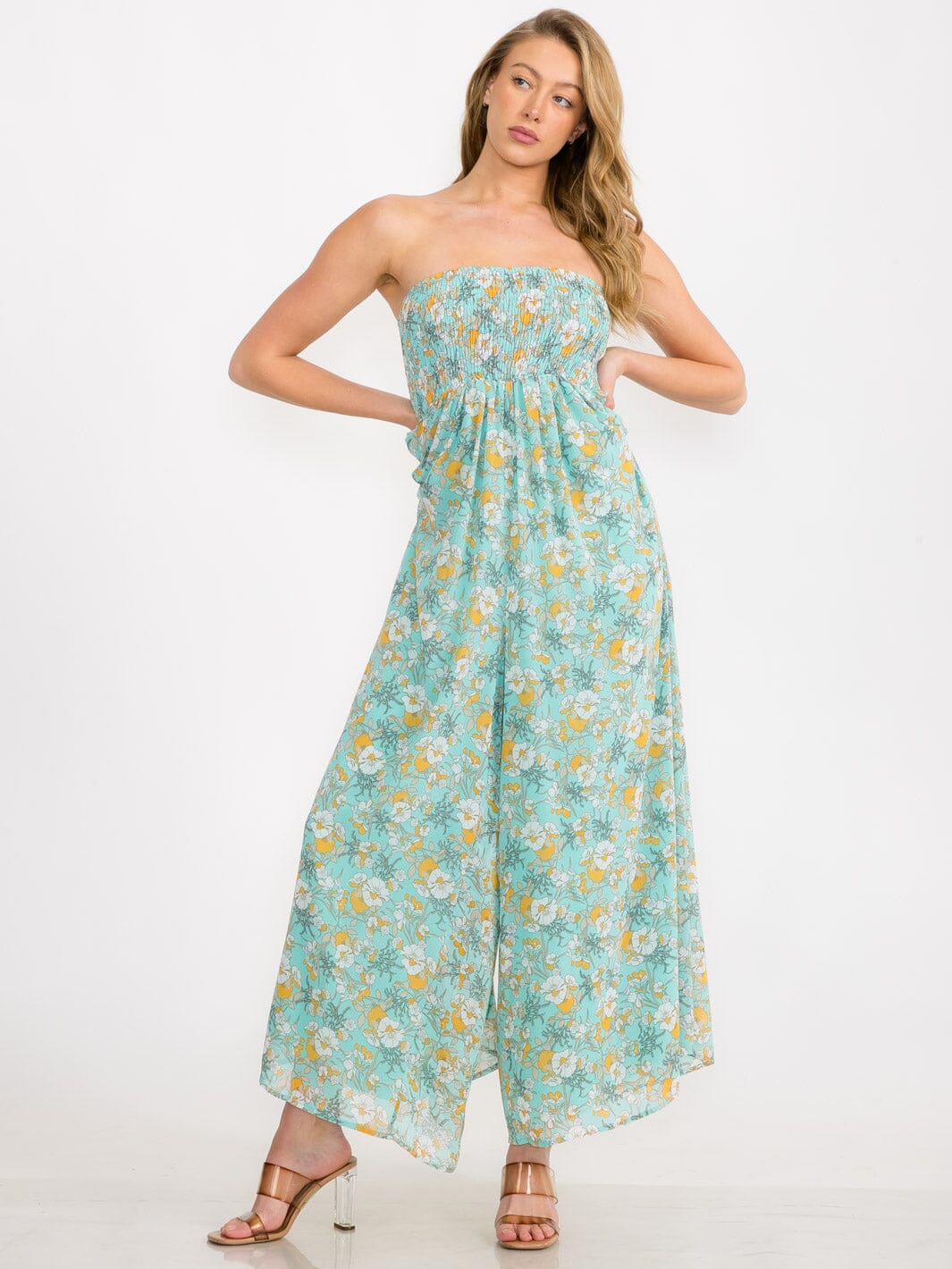 WOMEN'S SLEEVELESS FRONT POCKETS SMOCK WIDE LEG FLORAL JUMPSUIT