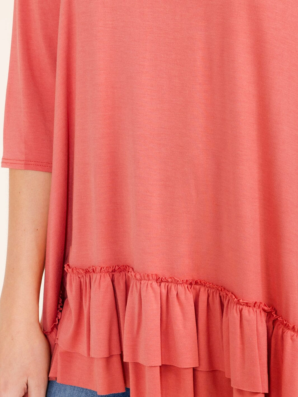 WOMEN'S 3/4 SLEEVES RUFFLE BOTTOM HEM TUNIC HIGH-LOW TOP