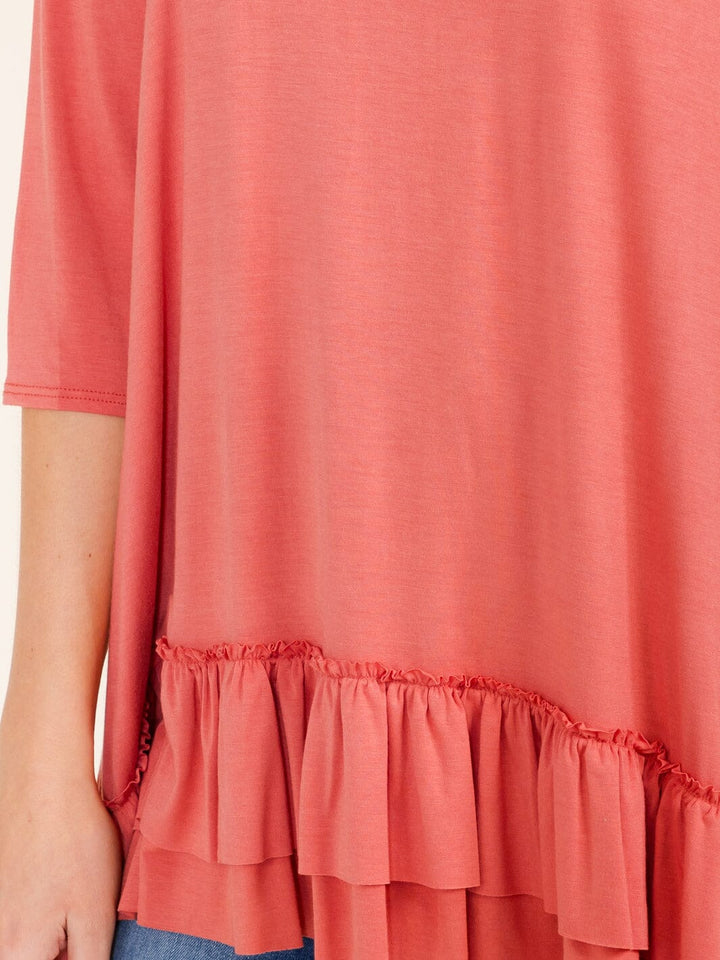 WOMEN'S 3/4 SLEEVES RUFFLE BOTTOM HEM TUNIC HIGH-LOW TOP