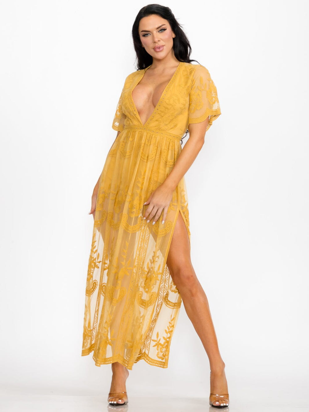 WOMEN'S SHORT SLEEVE V-NECK ALL OVER LACE MAXI DRESS
