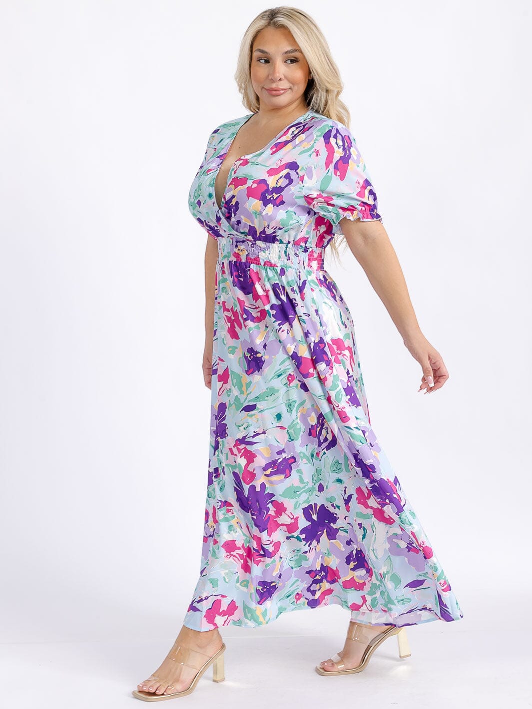PLUS SIZE SHORT SLEEVE SURPLICE SMOCK WAIST FLORAL MAXI DRESS