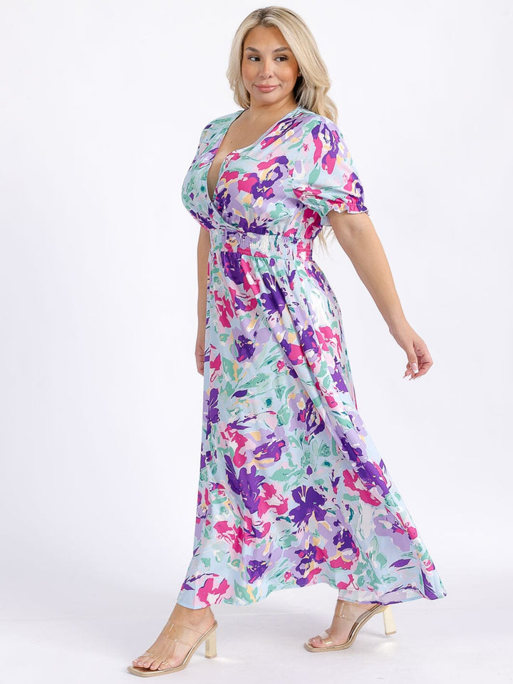 PLUS SIZE SHORT SLEEVE SURPLICE SMOCK WAIST FLORAL MAXI DRESS